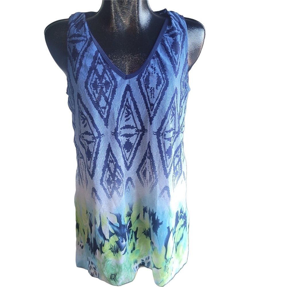 Picadilly Blue and Green Patterned Sleeveless Top Size M